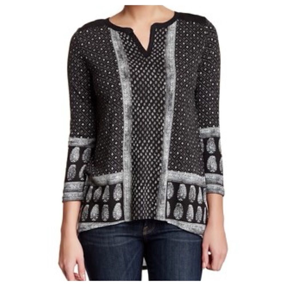 Lucky Brand Paisley Print Henley Black + White Top S